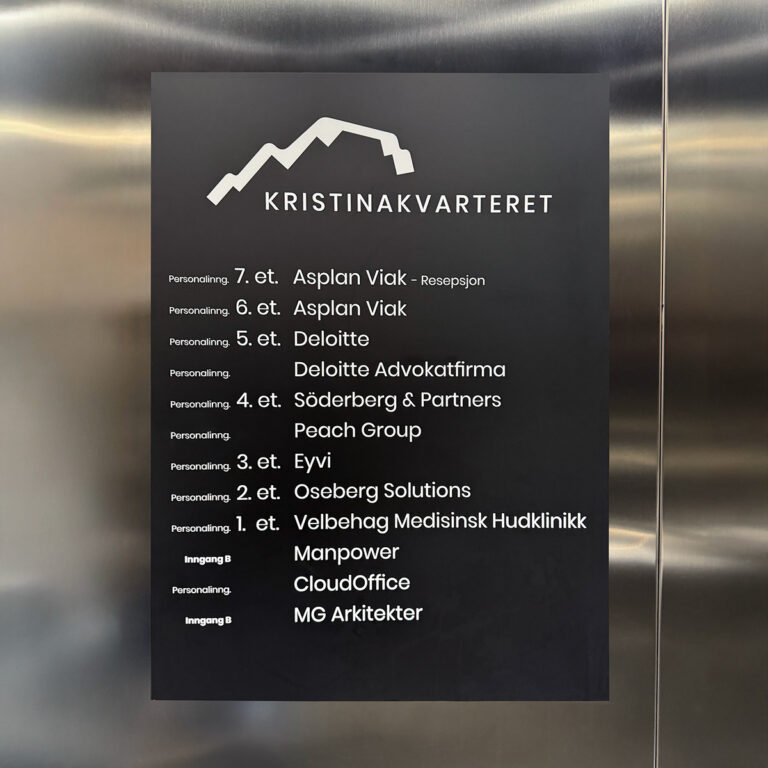 Nærbilde av etasjeoversikt foliert i heis i et næringsbygg