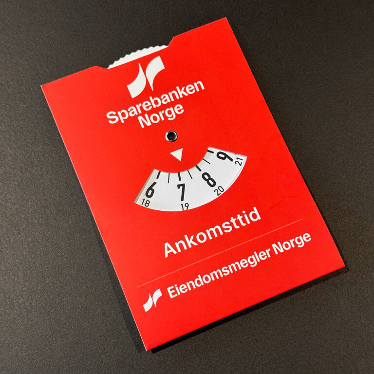Rød parkeringsskive med logotrykk - Sparebanken Norge og Eiendomsmegler Norge