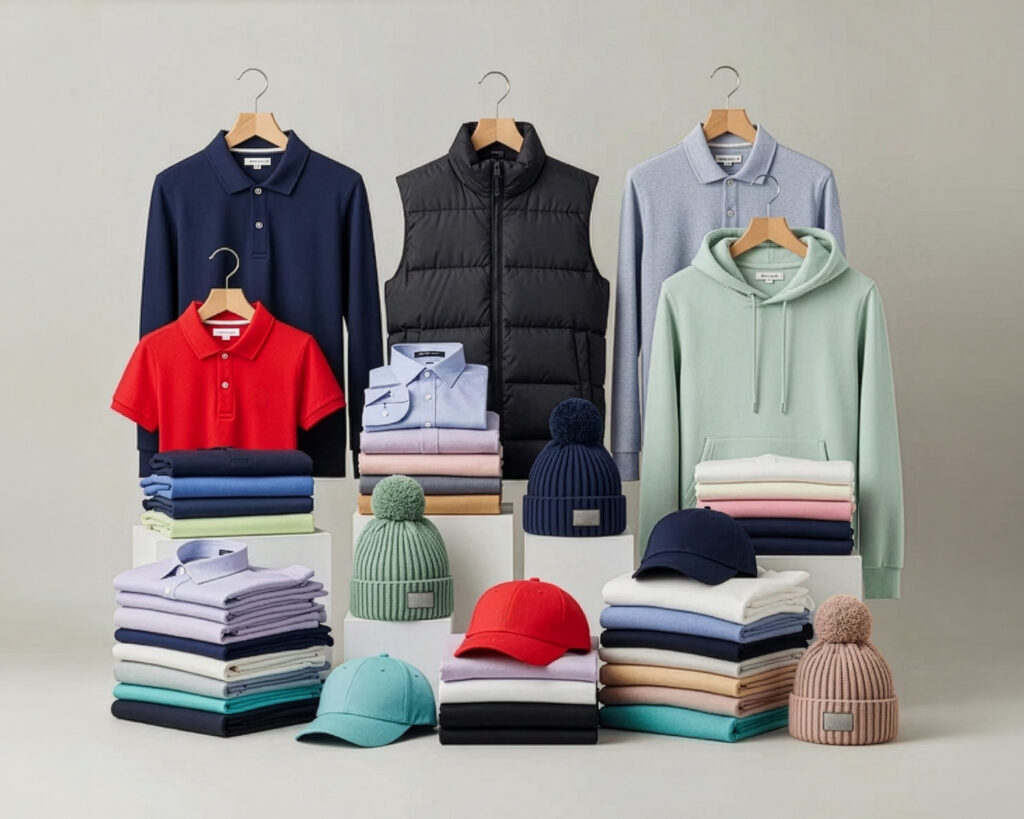 Samling av klær og tilbehør organisert i tre grupper: marineblå og rød polo-skjorter med stablede plagg, sort dunjekke med skjorter og hatter, og mintgrønn hoodie med stablede plagg og luer