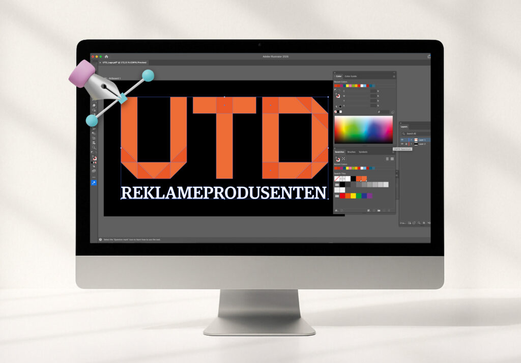 Adobe Illustrator 2024 viser en designarbeidsflate med stort oransje "UTD"-logotype og teksten "REKLAMEPRODUSENTEN" under, med fargepalett og verktøy synlig på høyre side